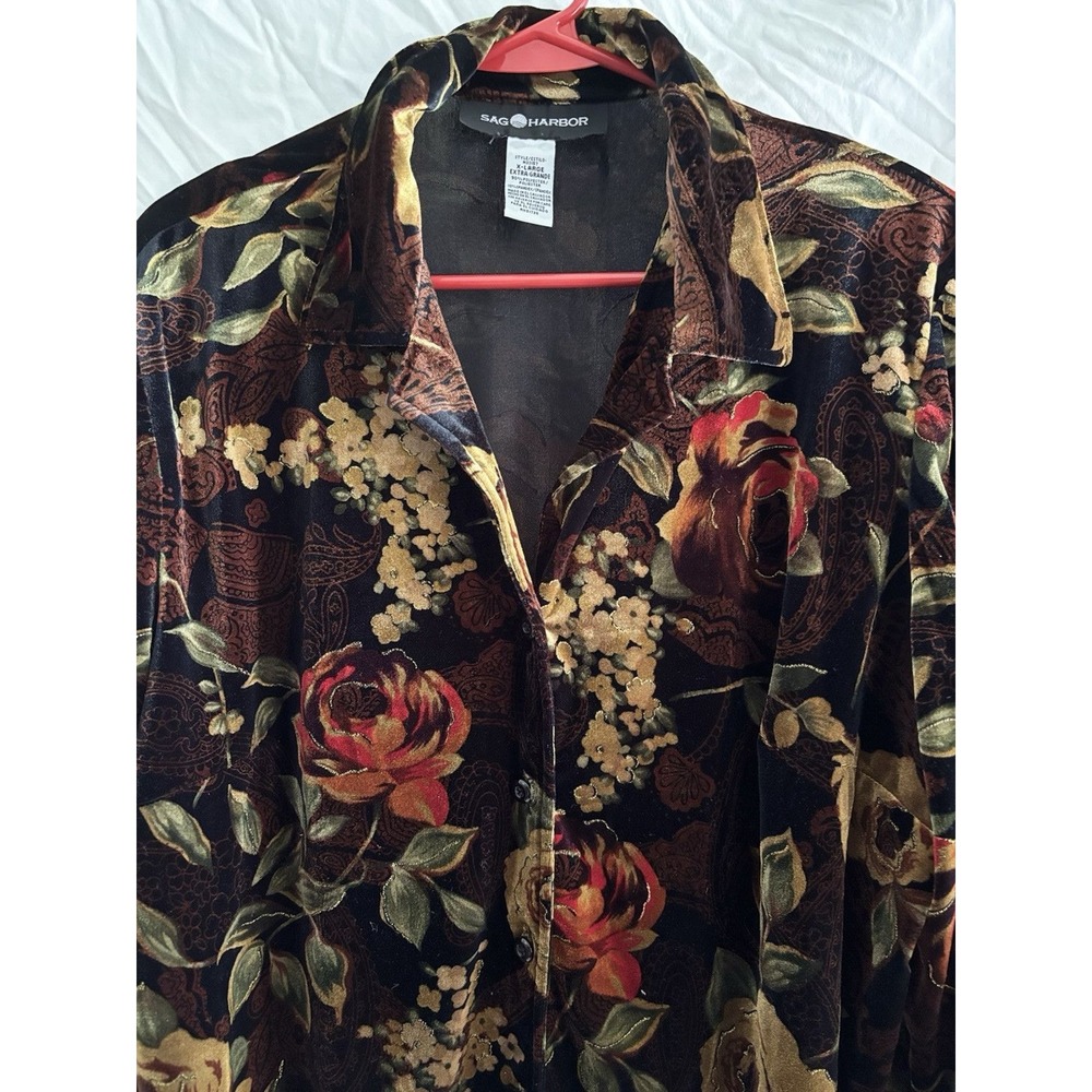 Vintage XL Sag Harbor Velvet Button Up Top Floral Rose Dark Fairy Grannycore - Picture 5 of 6